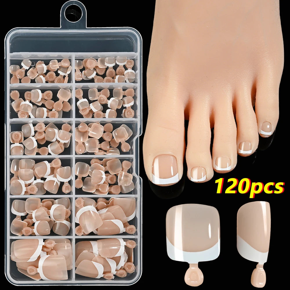 120 pièces/boîte pointe française ongles à pression système de couleur rose forme carrée ongles de pied longueur courte finition brillante faux ongles