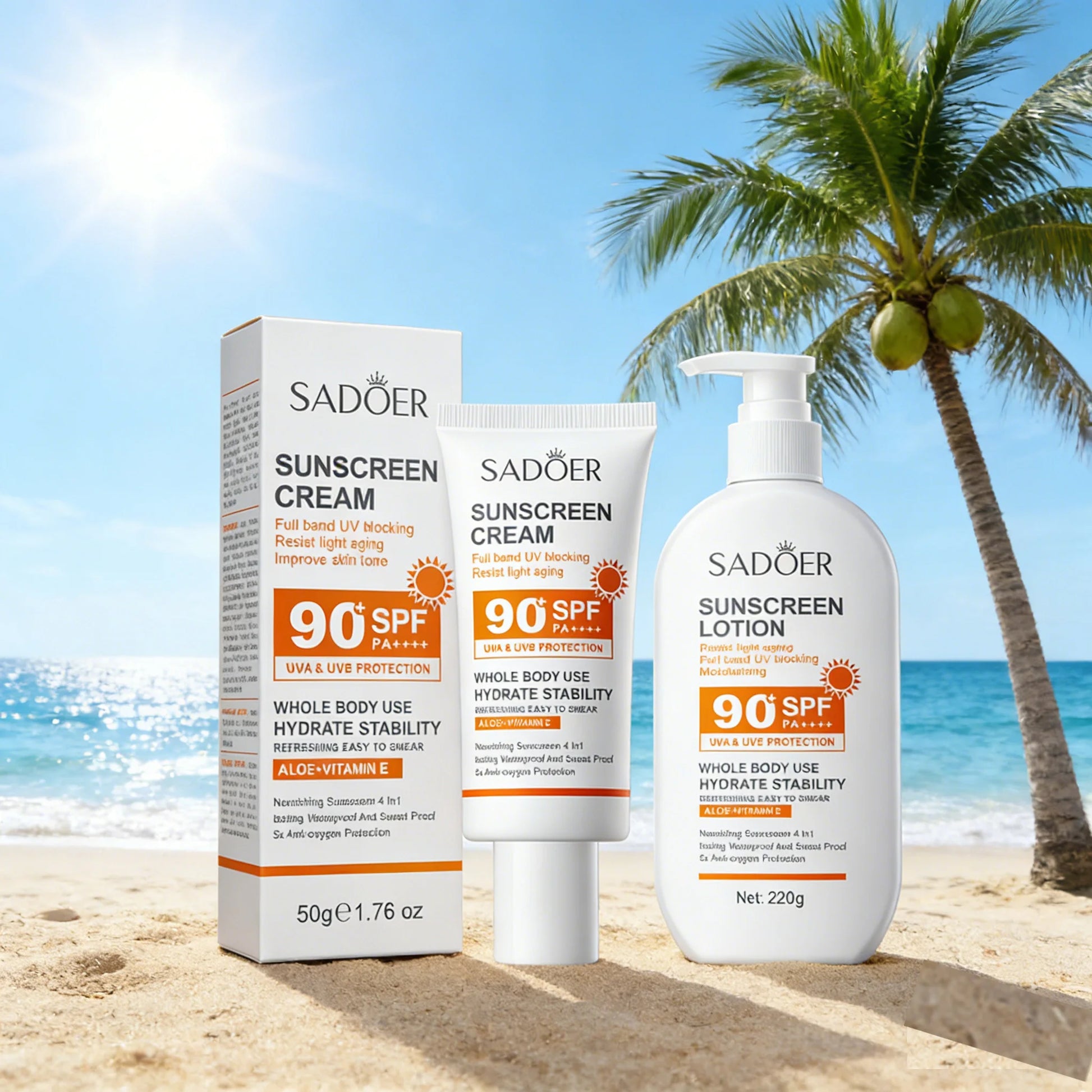 Lotion solaire pour le corps et le visage, Super 220g, petit format 50g, SPF 90 PA utilisation pour tout le corps