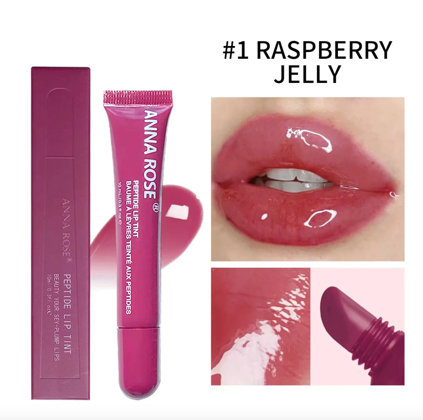 Ensemble de teinture pour lèvres infusée de peptide - 4 teintes de brillant de gelée, brillant à lèvres hydratant, couleur de lèvres brillante longue durée
