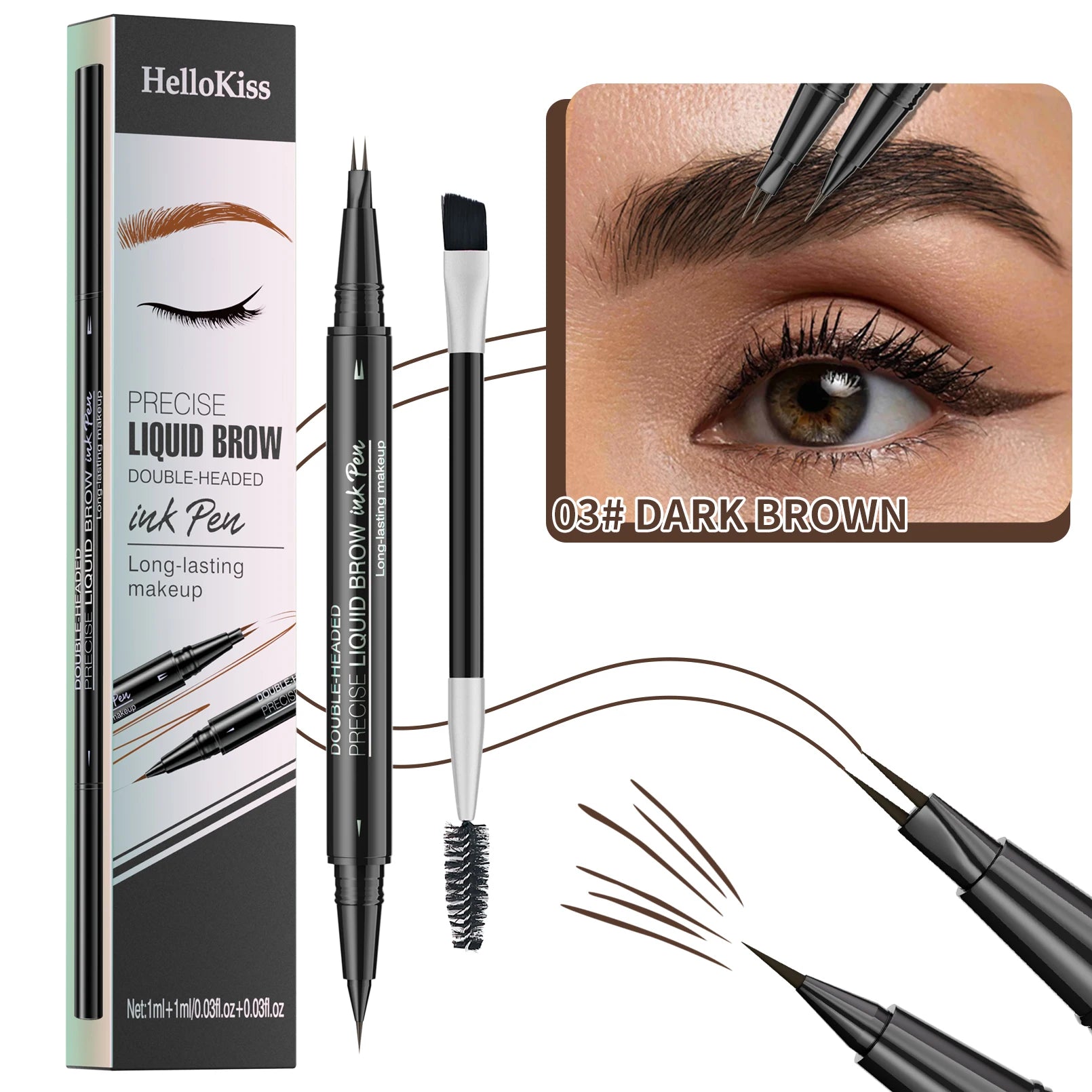 Crayon à sourcils liquide à deux branches Hellokiss, crayon à sourcils liquide à double extrémité sauvage 2 en 1 imperméable et résistant à la transpiration