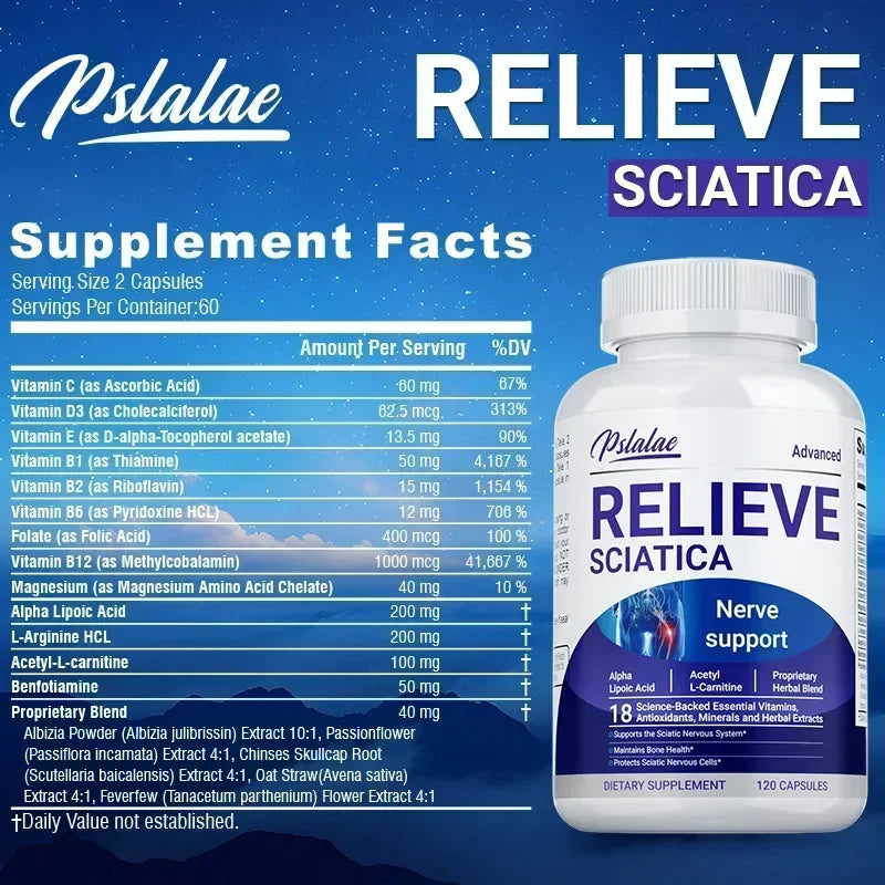 Soulager la sciatique - Contient des vitamines B pour soutenir la santé des nerfs sciatiques, apaise les nerfs, stimule l'énergie - 120 pièces