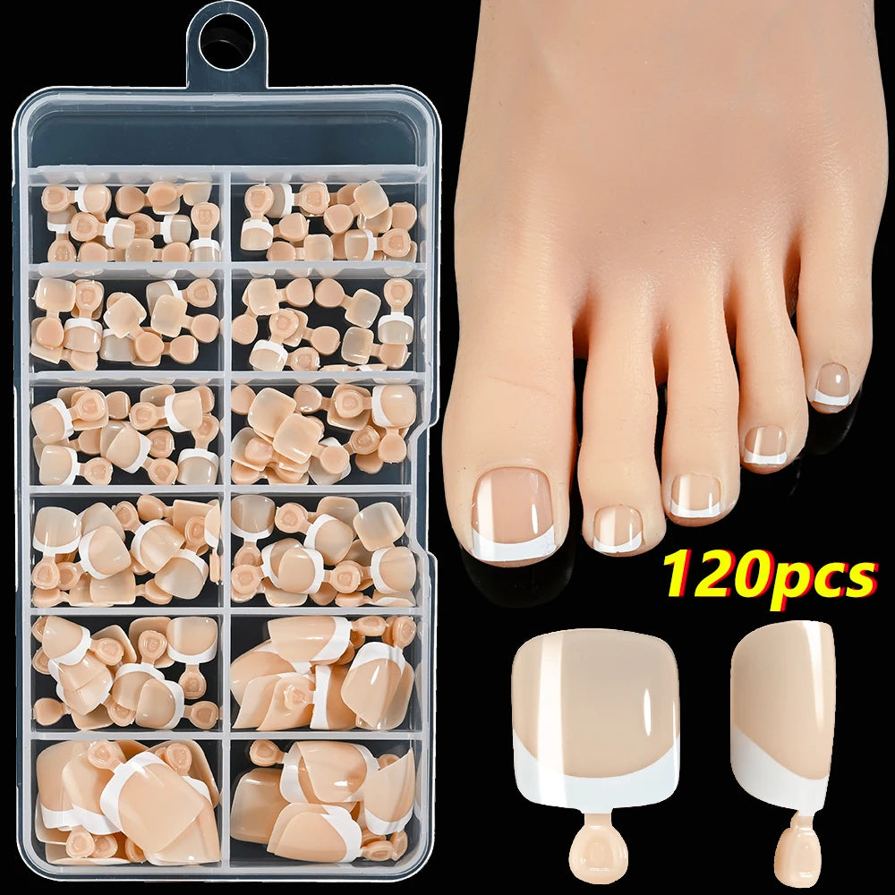 120 pièces/boîte pointe française ongles à pression système de couleur rose forme carrée ongles de pied longueur courte finition brillante faux ongles