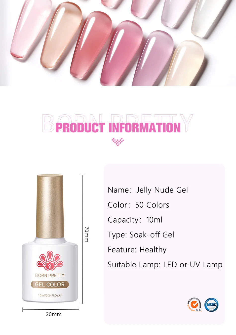 BORN PRETTYvernis à Ongles Gel, Semi Transparent, Soak Off UV LED, Vernis à Ongles Nude, N64.Gel Varjuvening,Art des ongles, 50 Couleurs, 10ml