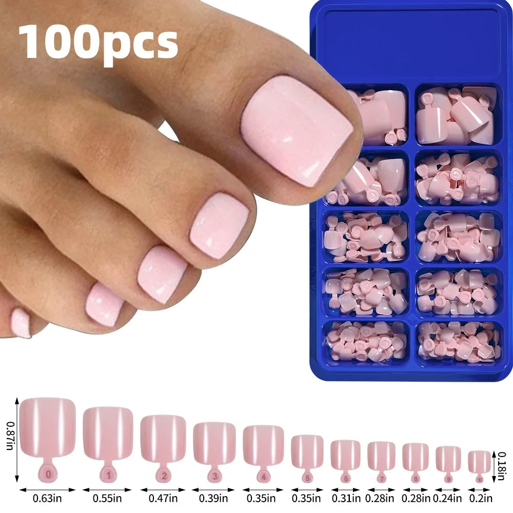 120 pièces/boîte pointe française ongles à pression système de couleur rose forme carrée ongles de pied longueur courte finition brillante faux ongles