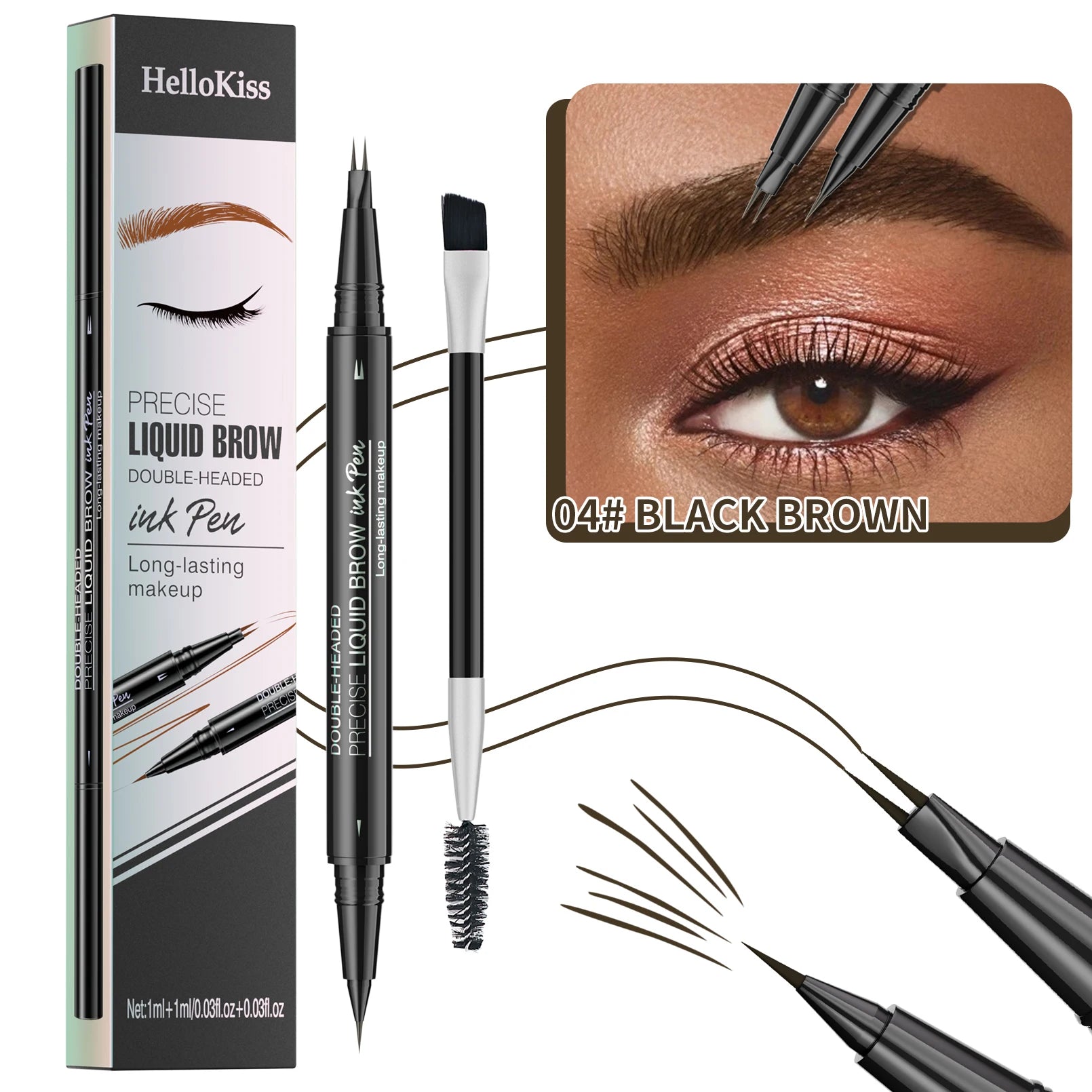 Crayon à sourcils liquide à deux branches Hellokiss, crayon à sourcils liquide à double extrémité sauvage 2 en 1 imperméable et résistant à la transpiration