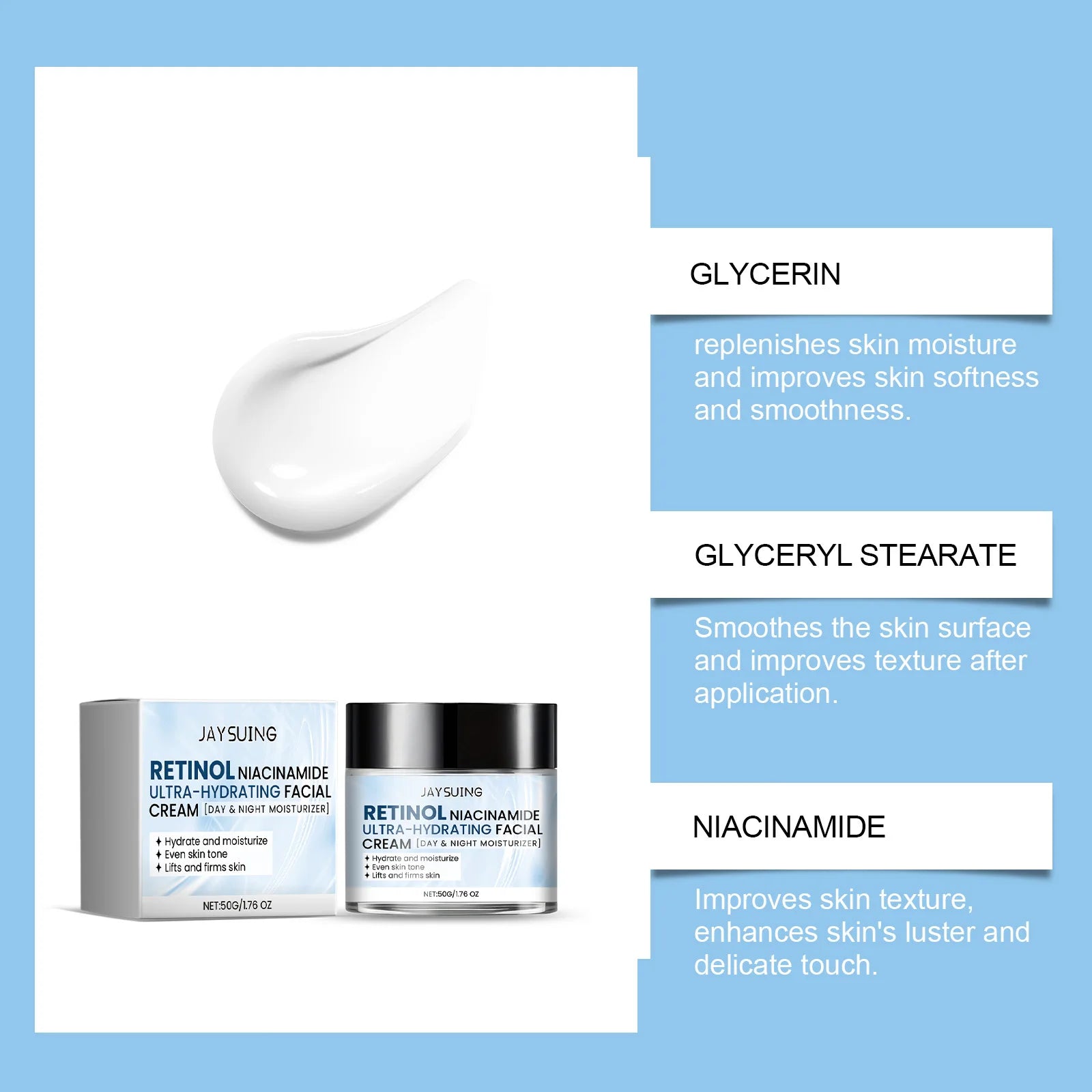 Hydratant pour le visage à la niacinamide, à l'acide hyaluronique, au rétinol, réparateur, barrière cutanée, crème hydratante longue durée de jour et nuit