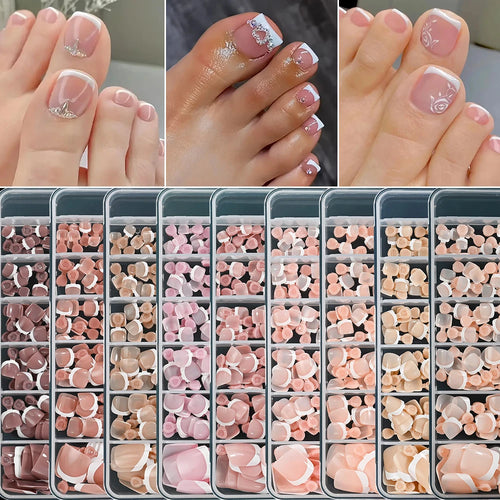 120 pièces/boîte pointe française ongles à pression système de couleur rose forme carrée ongles de pied longueur courte finition brillante faux ongles