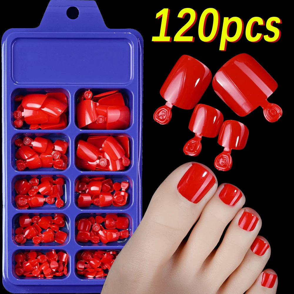 120 pièces/boîte pointe française ongles à pression système de couleur rose forme carrée ongles de pied longueur courte finition brillante faux ongles