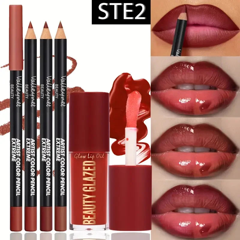 Kit de lèvres marron foncé 4 pièces-crayon à lèvres + vernis à lèvres, effet mat imperméable et durable, polyvalent pour les occasions décontractées et formelles,
