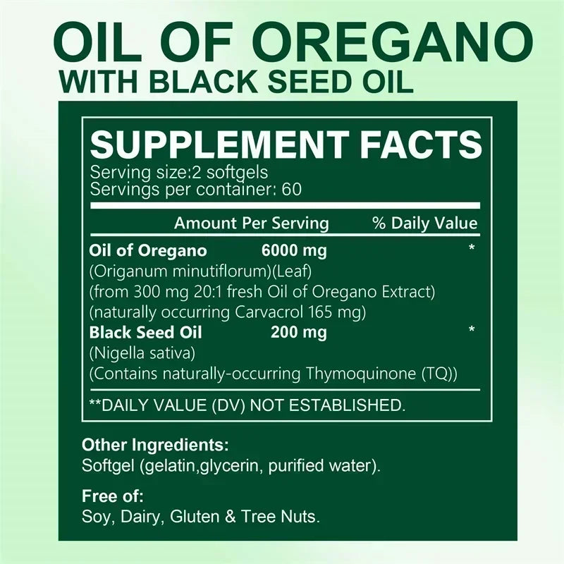 Gélules d'huile d'organo - avec huile de graines d'organo et noires, pour la digestion, soulage le gonflage, augmente l'immunité, antioxydant - 120 pièces