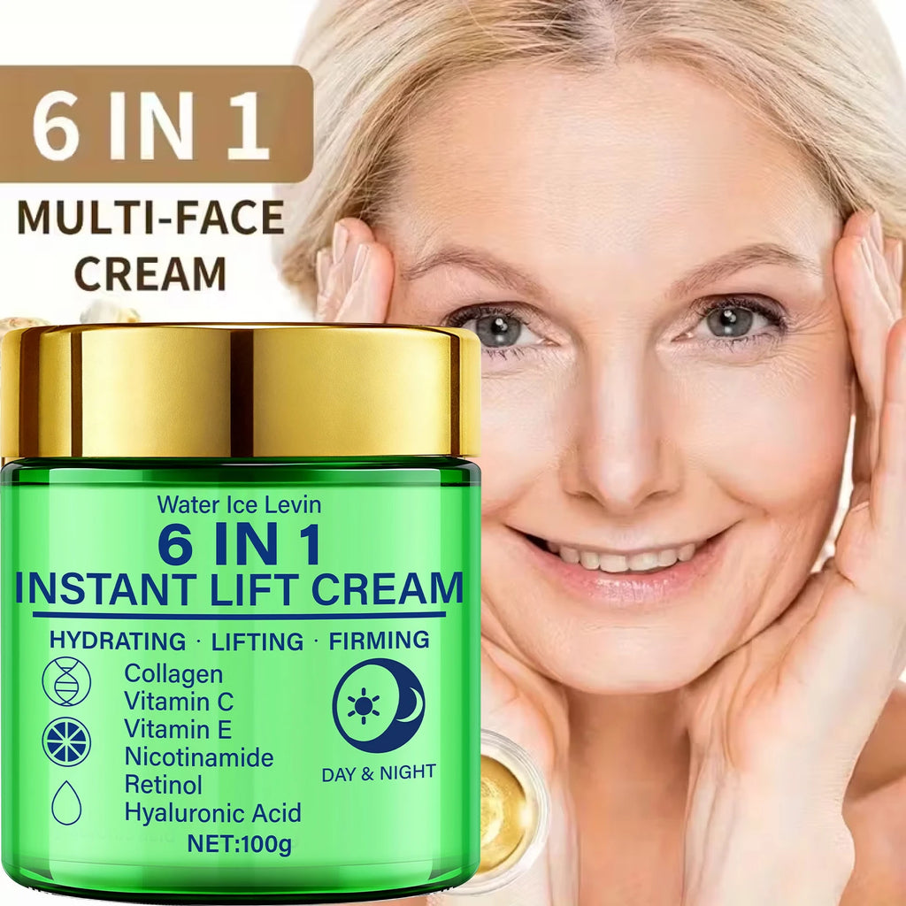 Crème liftante instantanée 6 en 1, mélange de collagène, vitamine C, rétinol. Hydrate, soulever, raffermit la peau. Utilisation jour et nuit. Serrage visible. 100g.