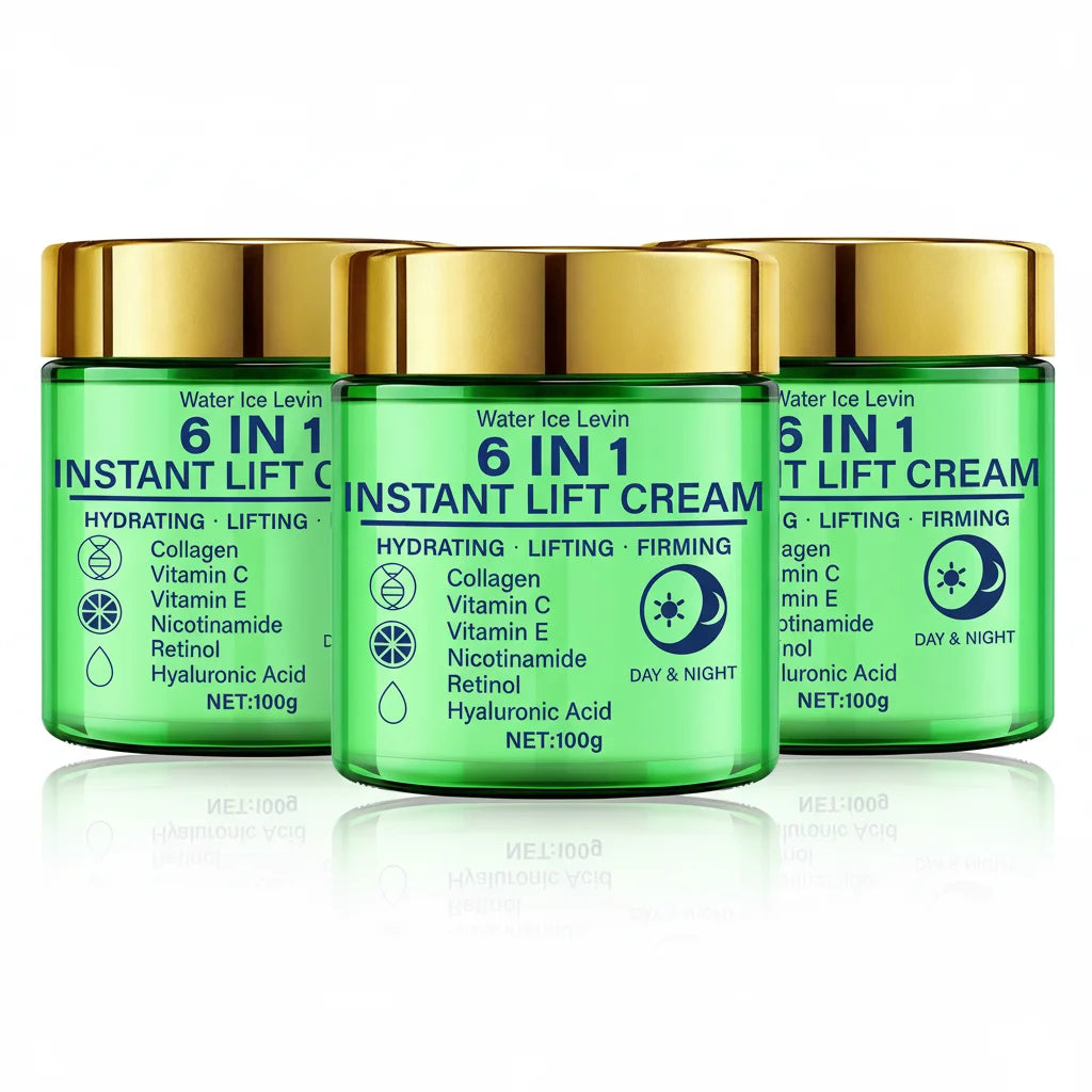 Crème liftante instantanée 6 en 1, mélange de collagène, vitamine C, rétinol. Hydrate, soulever, raffermit la peau. Utilisation jour et nuit. Serrage visible. 100g.