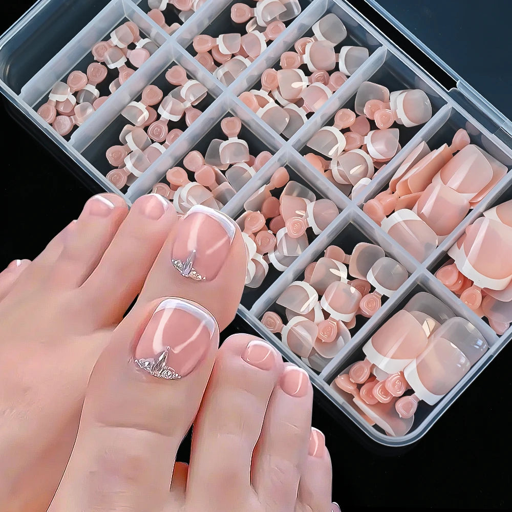 120 pièces/boîte pointe française ongles à pression système de couleur rose forme carrée ongles de pied longueur courte finition brillante faux ongles
