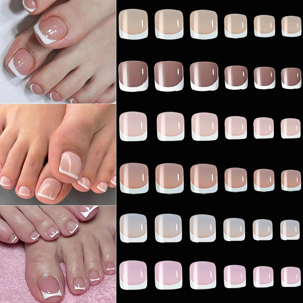 120 pièces/boîte pointe française ongles à pression système de couleur rose forme carrée ongles de pied longueur courte finition brillante faux ongles