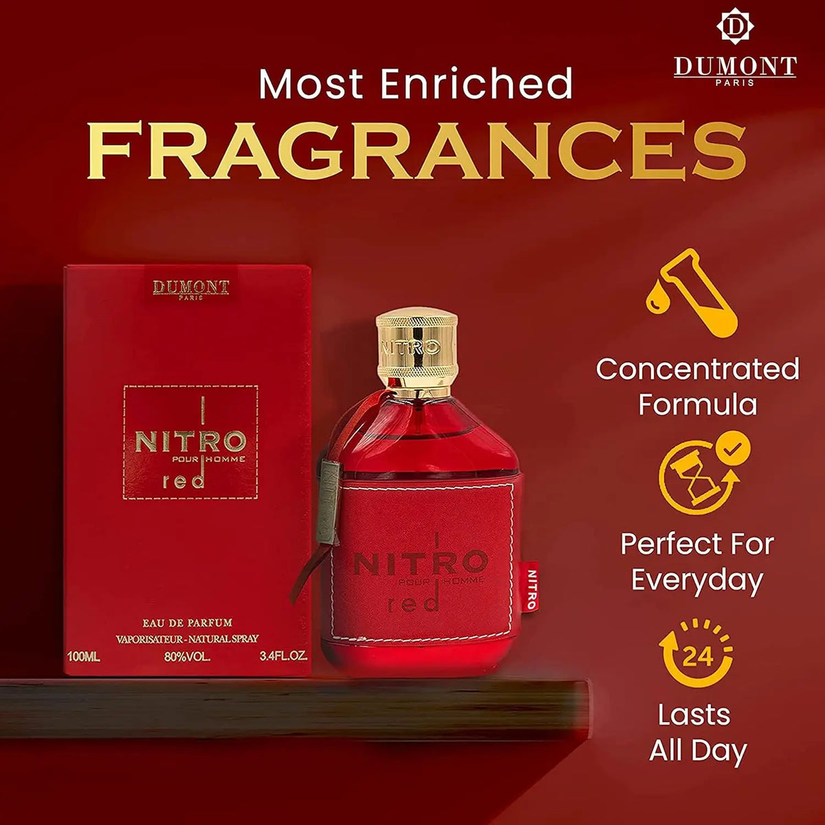 Eau de Parfum Nitro Red 3.4 Fl Oz pour Homme – Parfum Riche Fruité Boisé Floral – Sillage Luxueux Longue Durée