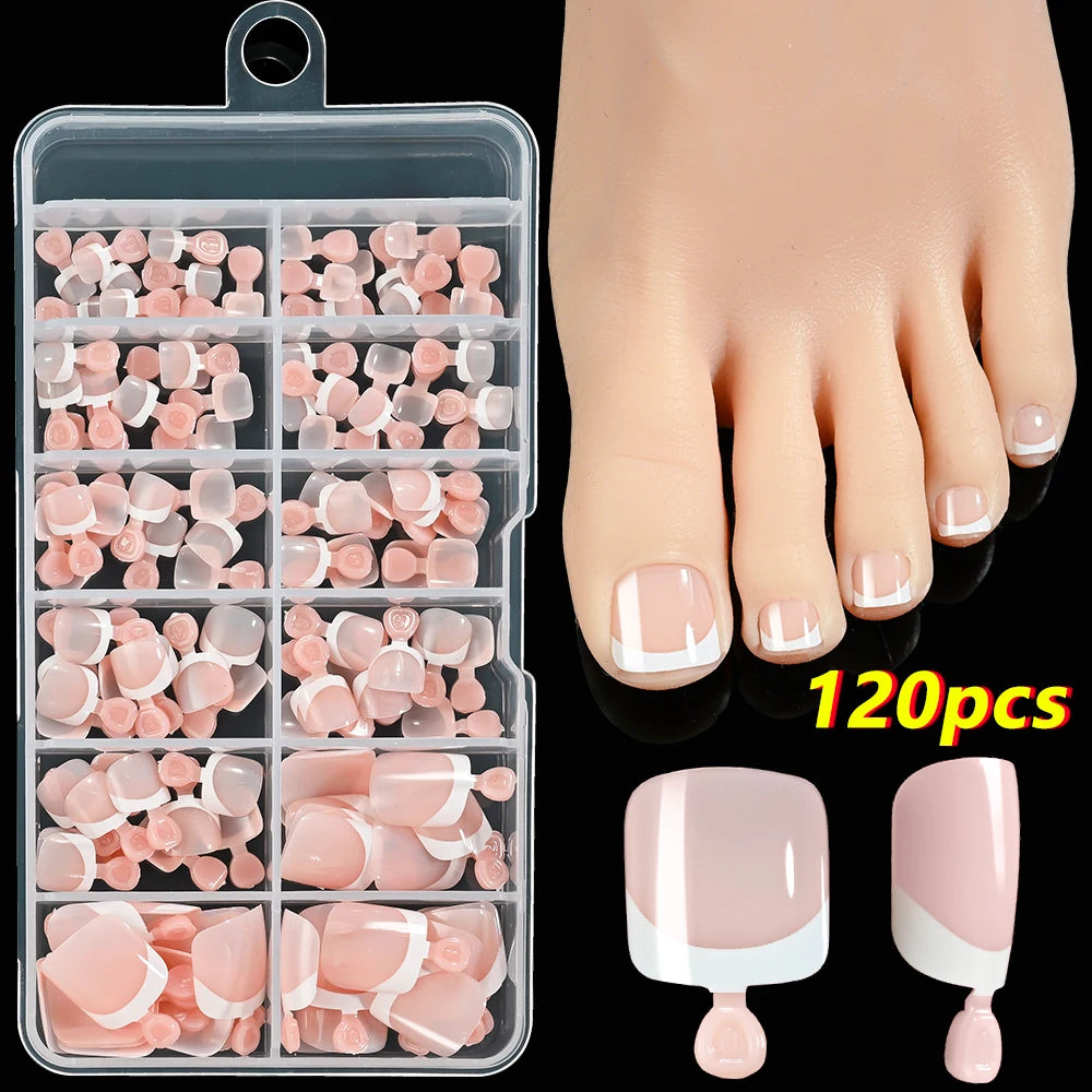 120 pièces/boîte pointe française ongles à pression système de couleur rose forme carrée ongles de pied longueur courte finition brillante faux ongles
