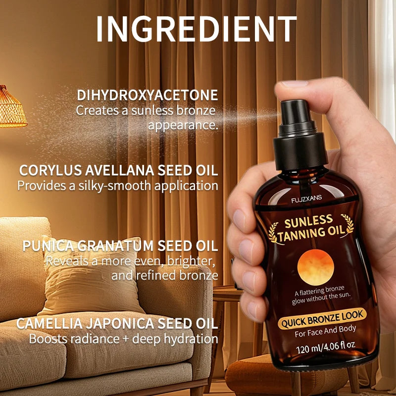 Huile bronzante sans soleil en spray : crée rapidement un teint hâlé, unifie le teint, illumine le complexion. Convient pour le visage et le corps