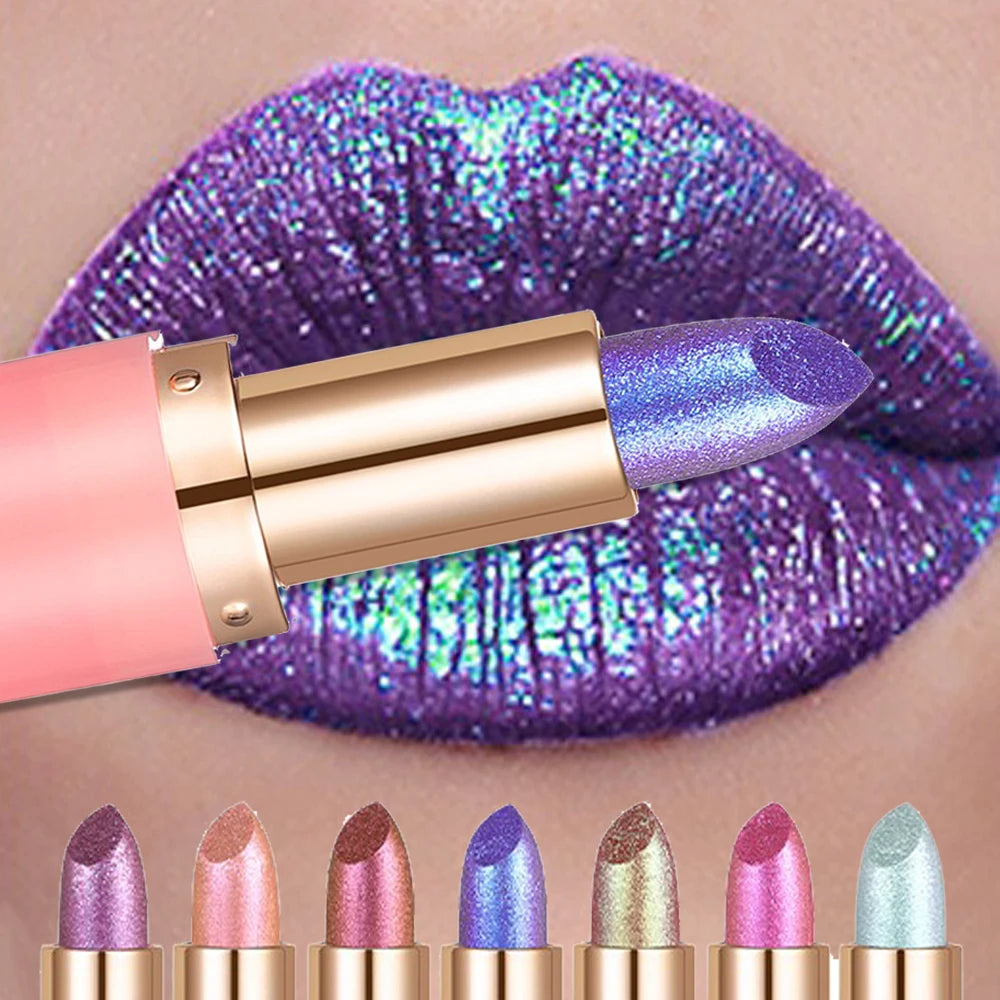 Rouge à lèvres caméléon Violet métallique, couleur changeante, mat, paillettes, diamant, imperméable, perle brillante, brillant, maquillage Sexy